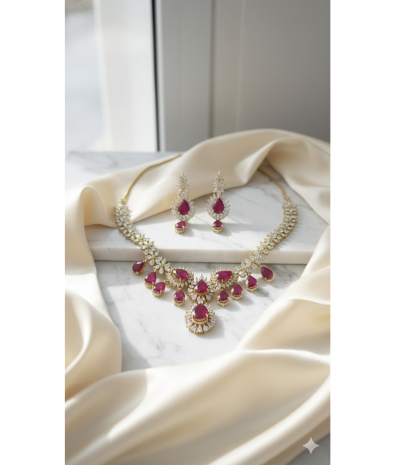 The Rose Quartz Radiance: Magenta Pear-Drop necklace set