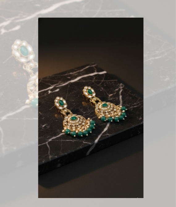 Heritage Emerald & Polki-Style Chandbali Earrings