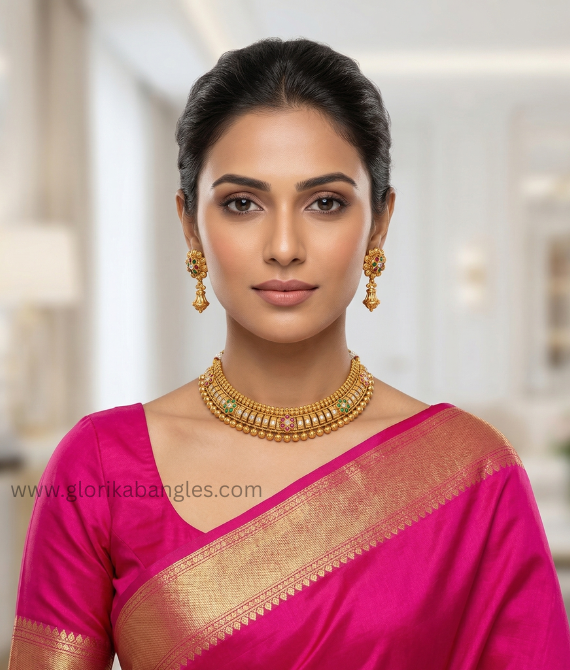 The "Apsara" Antique Gold-Plated Floral Temple Jewelry Set