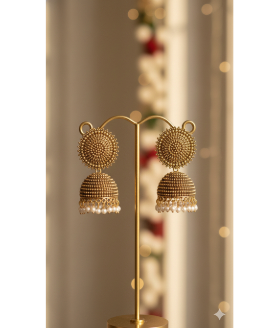 Antique Gold-Tone Granulated Jhumka Earrings with Pearl Droplets