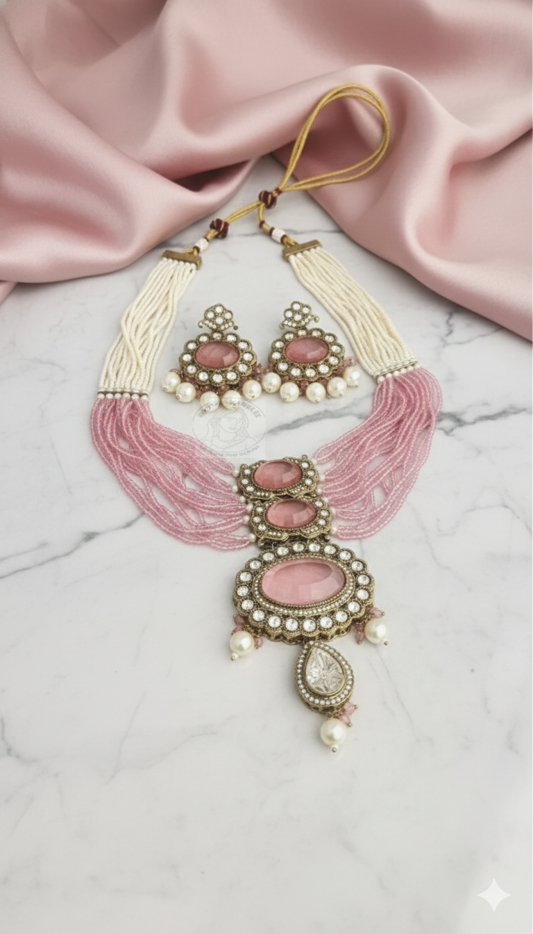 Glorika Multi strand pink and pearl necklace set