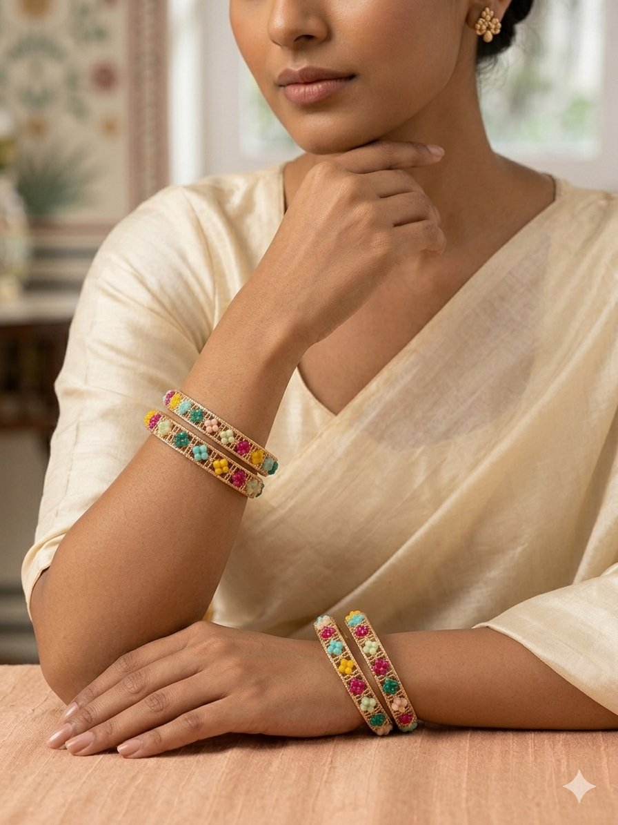 Vibrant Floral Gold-Plated Multicolor Beaded Kangan (Set of 4)