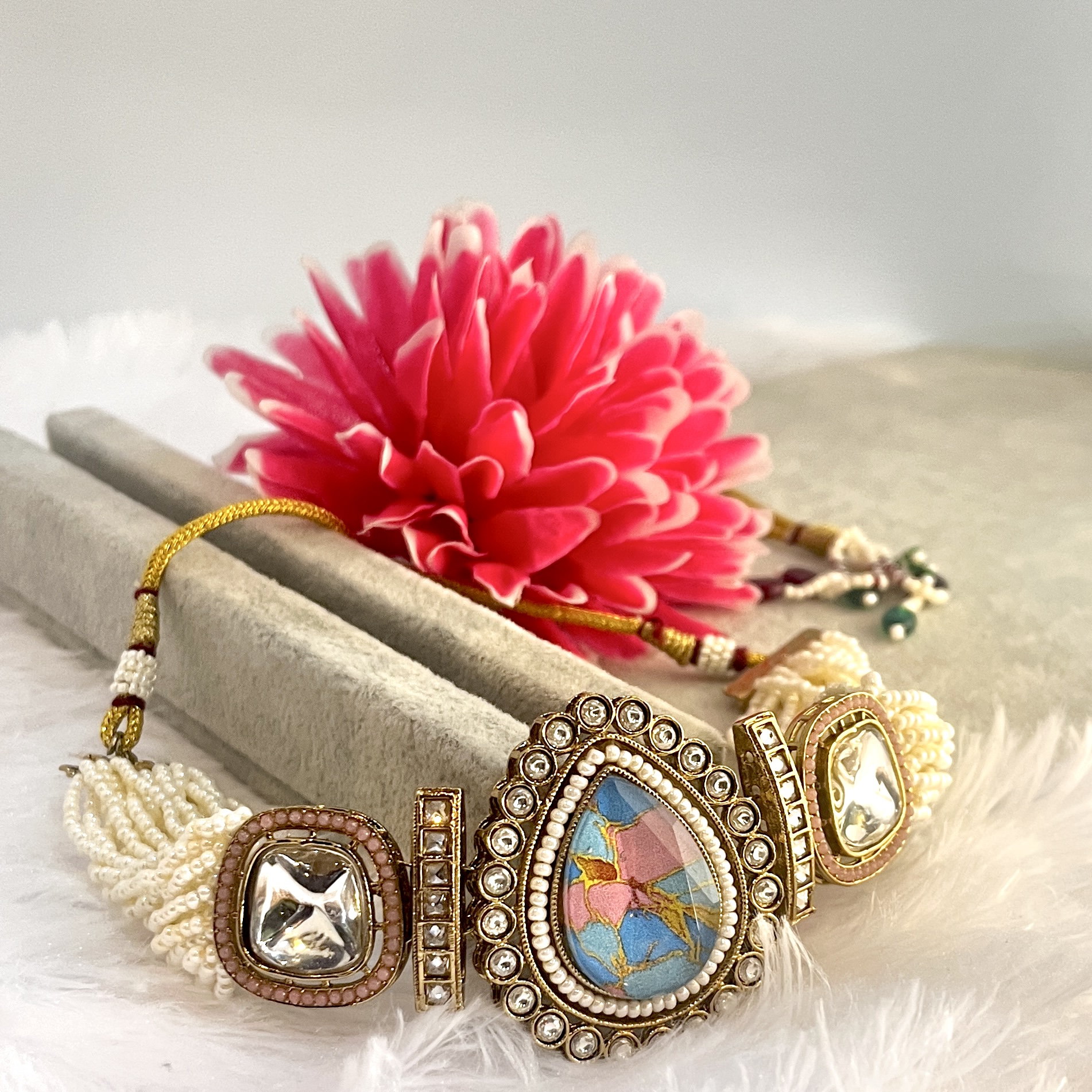 Empress Pastel Mosaic Kundan Choker with Pearl Strands hover